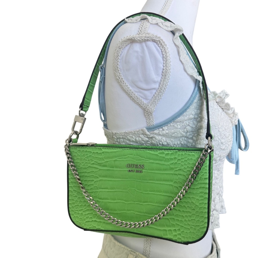 Y2K Guess Croc Shoulder Bag Silver Chain Purse Charm Baguette Neon Green Vintage